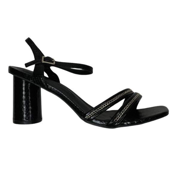 London Fog Elaina Black and Gold Strappy Mid Chunky Heel Size 11 Event Summer - Picture 1 of 7